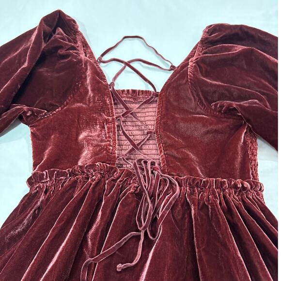 Free People Women Small Daphne Velvet Sleeve Mini Dress Roan Rouge Boho Western - Picture 8 of 12